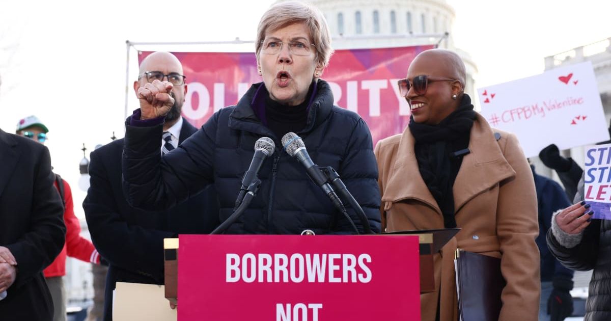 Sen. Elizabeth Warren (D-MA) speaks during the Borrowers Not Billionaires Rally To Defend the CFPB (Consumer Financial Protection Bureau) on February 09, 2026 (Cover Image Source: Getty Images for Protect Borrowers | Photo by Jemal Countess)