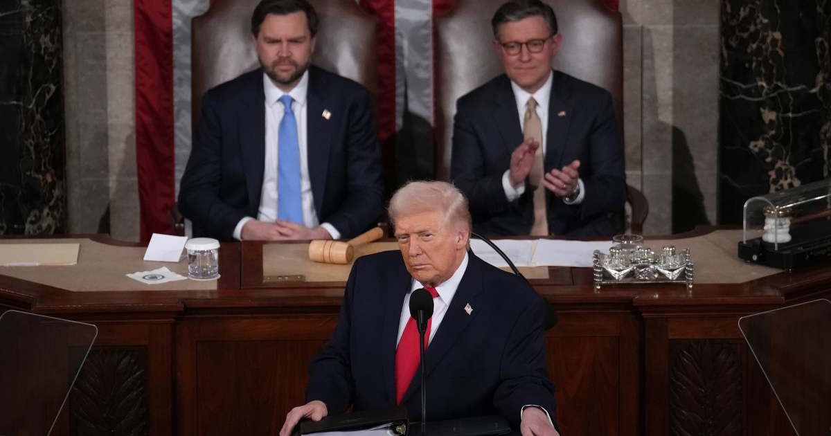 President Donald Trump, with Vice President JD Vance and Speaker of the House Mike Johnson (R-LA) looking on, delivers his State of the Union address on February 24, 2026, in Washington, DC (Cover Image Source: Getty Images | Photo by Andrew Harnik)