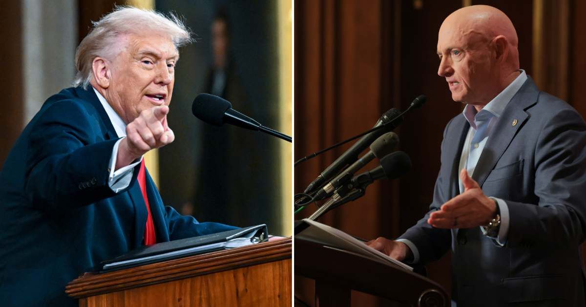(L) President Trump delivers his State of the Union address on February 24; (R) Sen. Mark Kelly (D-AZ) speaks at a news conference in the U.S. Capitol on December 1, 2025 (Cover Image Source: Getty Images | (L) Photo by Kenny Holston-Pool | (R) Photo by A