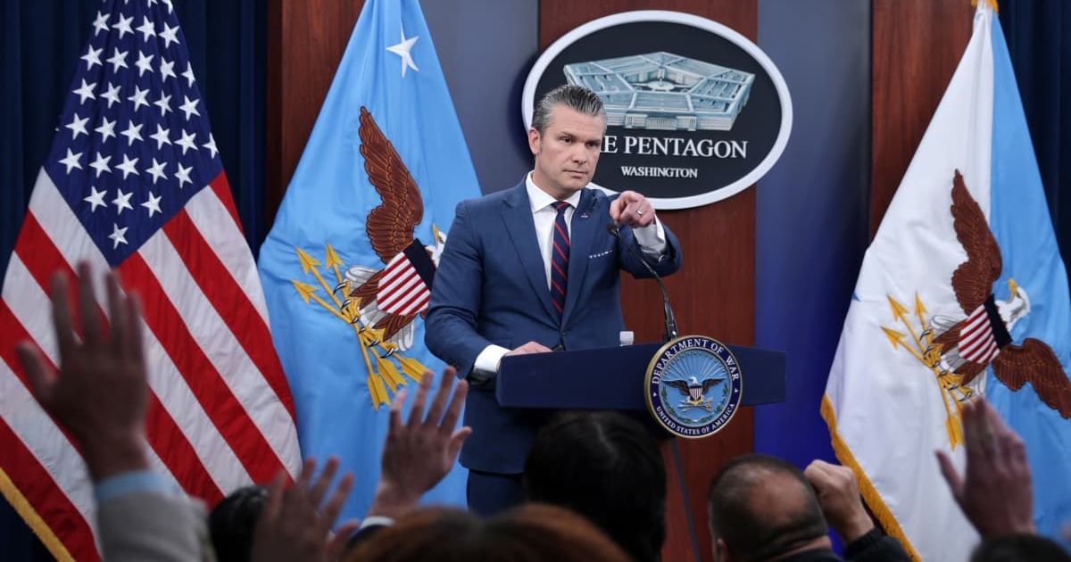 Secretary of War Pete Hegseth takes questions during a news conference at the Pentagon on March 2, 2026 (Cover Image Source: Getty Images | Photo by Alex Wong)