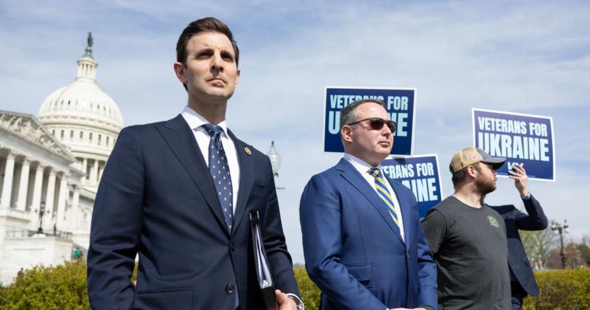 Rep. Jake Auchincloss (D-MA), Alex Vindman, and Ryan O’Leary outside the US Captiol on March 13, 2024, in Washington, DC. (Cover Image Source: Getty Images  for VoteVets | Photo by Tasos Katopodis)
