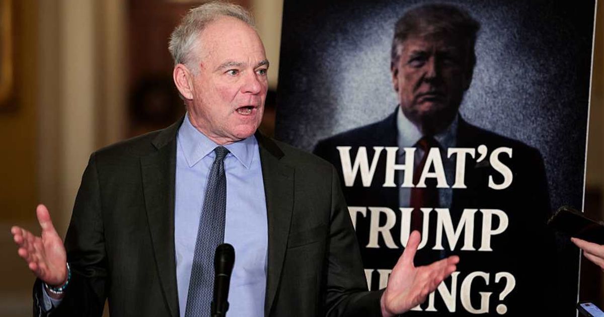 Sen. Tim Kaine (D-VA) speaks to reporters following a Senate Democratic policy luncheon at the U.S. Capitol (Image source: Getty Images/Photo by Heather Diehl)