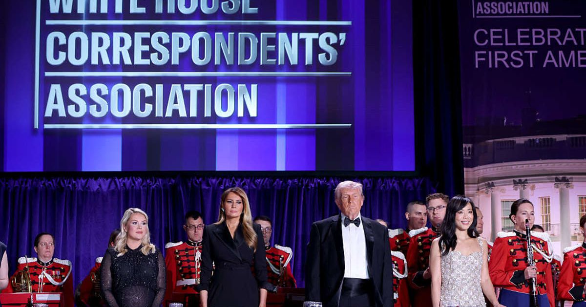 (L-R) White House Press Secretary Karoline Leavitt, First Lady Melania Trump, President Donald Trump, and Weijia Jiang at the White House Correspondents' Dinner (Cover Image Source: Getty Images for OP | Photo by Kevin Mazur)