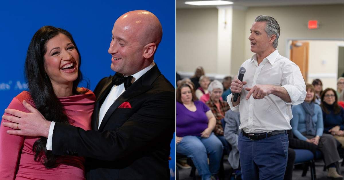 (L) Katie and Stephen Miller; (R) California Governor Gavin Newsom  (Cover Image Source: (R)  X | Gavin Newsom; (L) Associated Press | Photo by Jose Luis Magana )
