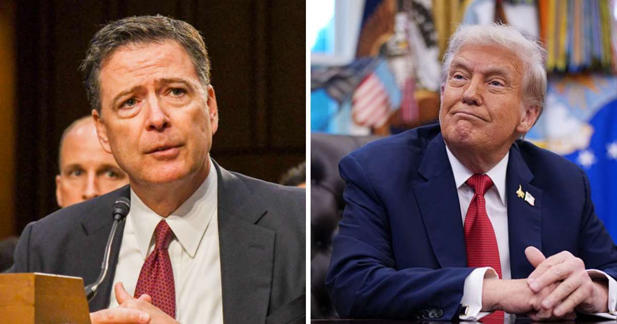 (L) James Comey before the Senate Intelligence Committee in 2017;  (R) President Trump at the Oval Office (Cover Image Source Image Source: Getty Images | Photos by Mark Reinstein)