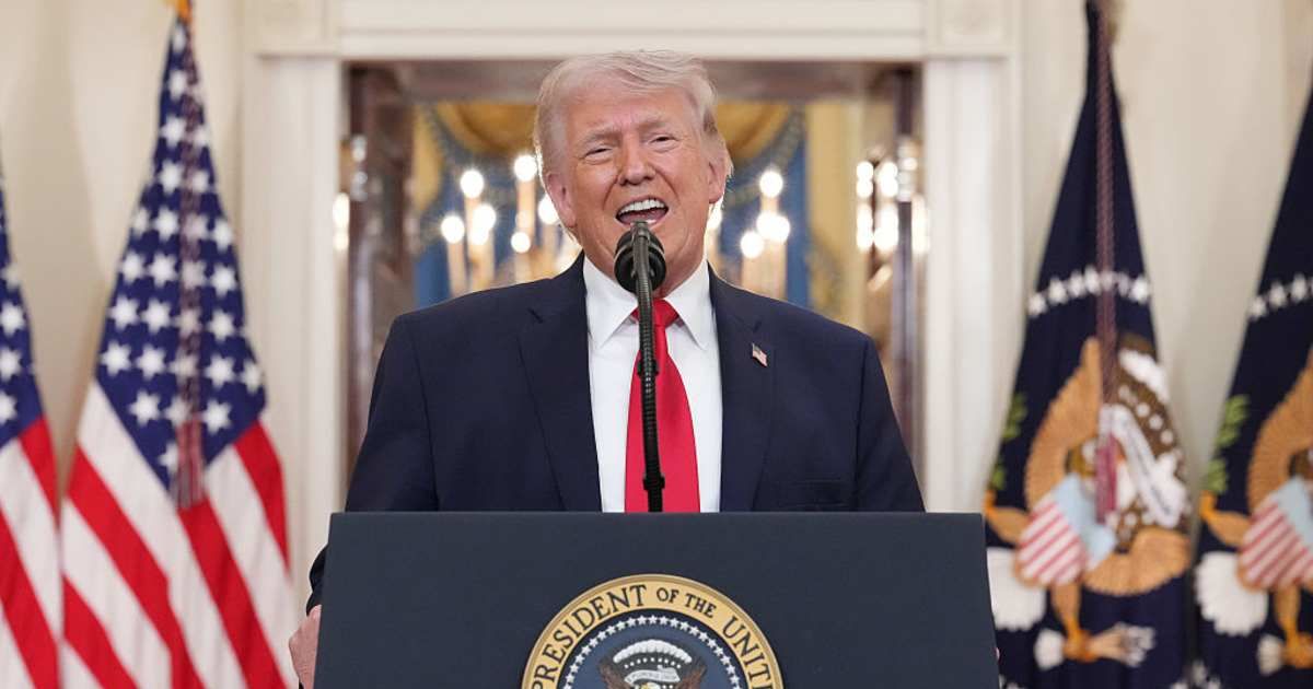 President Donald Trump speaks from the Cross Hall of the White House on April 1, 2026, in Washington, DC (Cover Image Source: Getty Images | Photo by Alex Brandon-Pool)