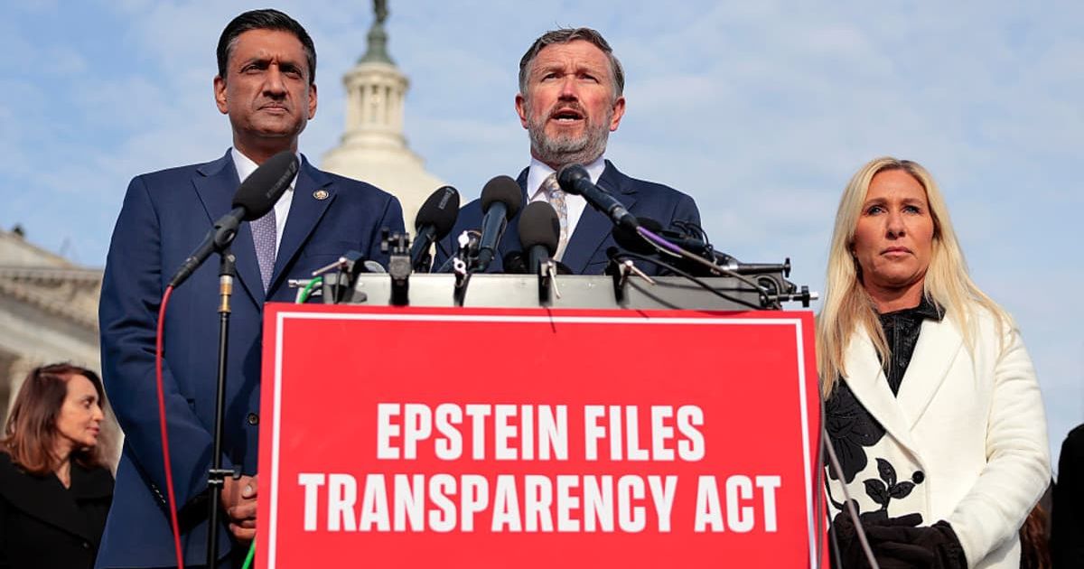 Rep. Thomas Massie (R-KY) (C) speaks alongside Rep. Ro Khanna (D-CA) (L) and former Rep. Marjorie Taylor Greene during a news conference on the Epstein Files Transparency Act. (Cover Image source: Getty Images | Photo by Heather Diehl)