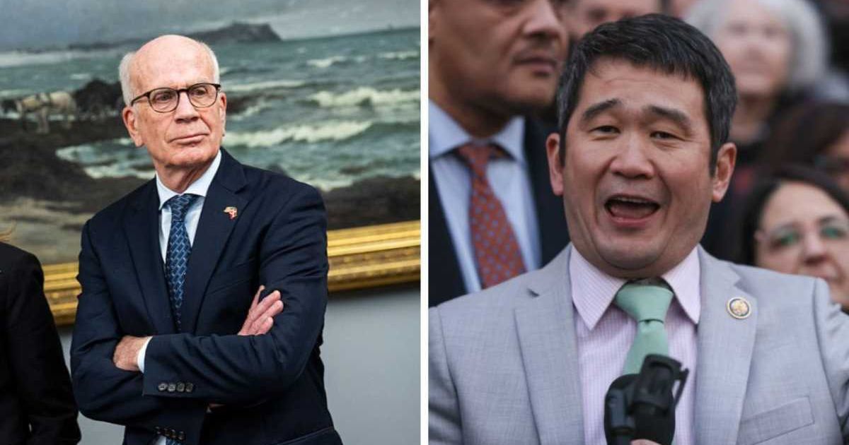 Senator Peter Welch (L) at Christiansborg Palace in Copenhagen, Denmark. Rep. Dave Min (R) during a rally in Washington, DC (Image Source: Getty Images | Photo by Martin Sylvest Andersen (L); Photo by Jemal Countess (R))