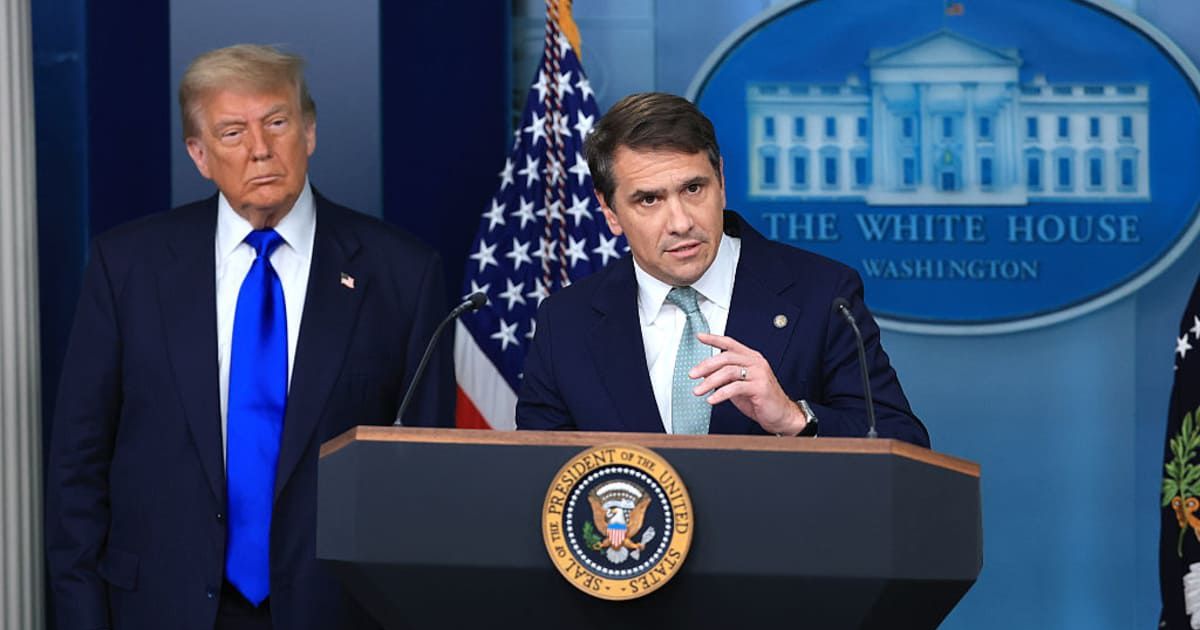 Acting Attorney General Todd Blanche, joined by President Donald Trump, speaks at a press conference (Image source: Getty Images/Photo by Joe Raedle)