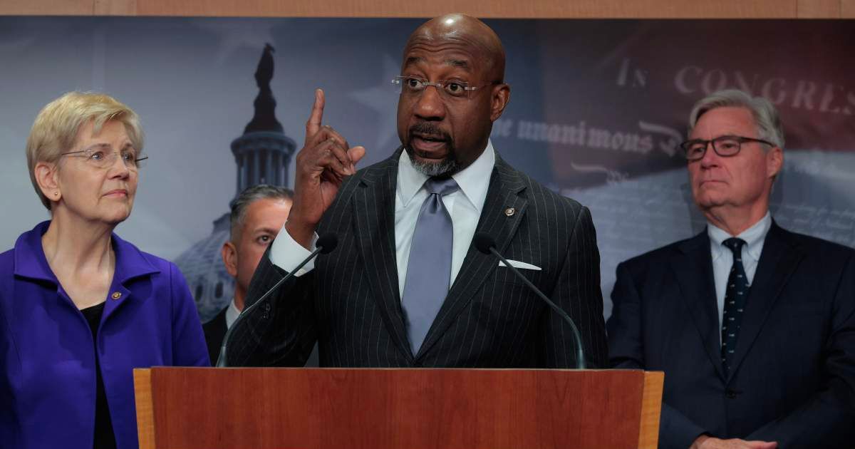(L-R) Sen. Elizabeth Warren, Sen. Raphael Warnock, and Sen. Sheldon Whitehouse hold a news conference at the U.S. Capitol on December 17, 2025 (Cover Image Source: Getty Images | Photo by Chip Somodevilla)
