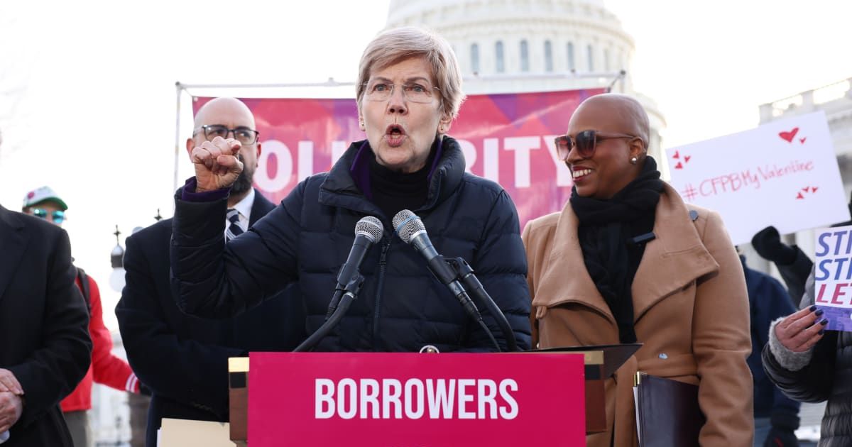Sen. Elizabeth Warren (D-MA) speaks during the Borrowers Not Billionaires Rally To Defend the CFPB (Consumer Financial Protection Bureau) on February 09, 2026 (Cover Image Source: Getty Images for Protect Borrowers | Photo by Jemal Countess)