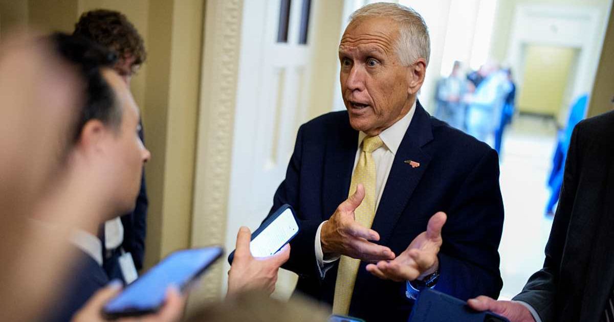 Sen. Thom Tillis (R-NC) speaks to reporters after a weekly Republican policy luncheon on Capitol Hill on October 7, 2025 (Cover image source: Getty Images/Photo by Andrew Harnik)