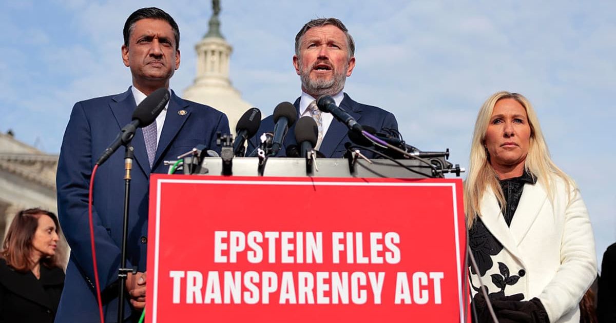 Rep. Thomas Massie (C) speaks alongside Rep. Ro Khanna (L) and Marjorie Taylor Greene during a news conference on the Epstein Files Transparency Act (Cover Image source: Getty Images | Photo by Heather Diehl)