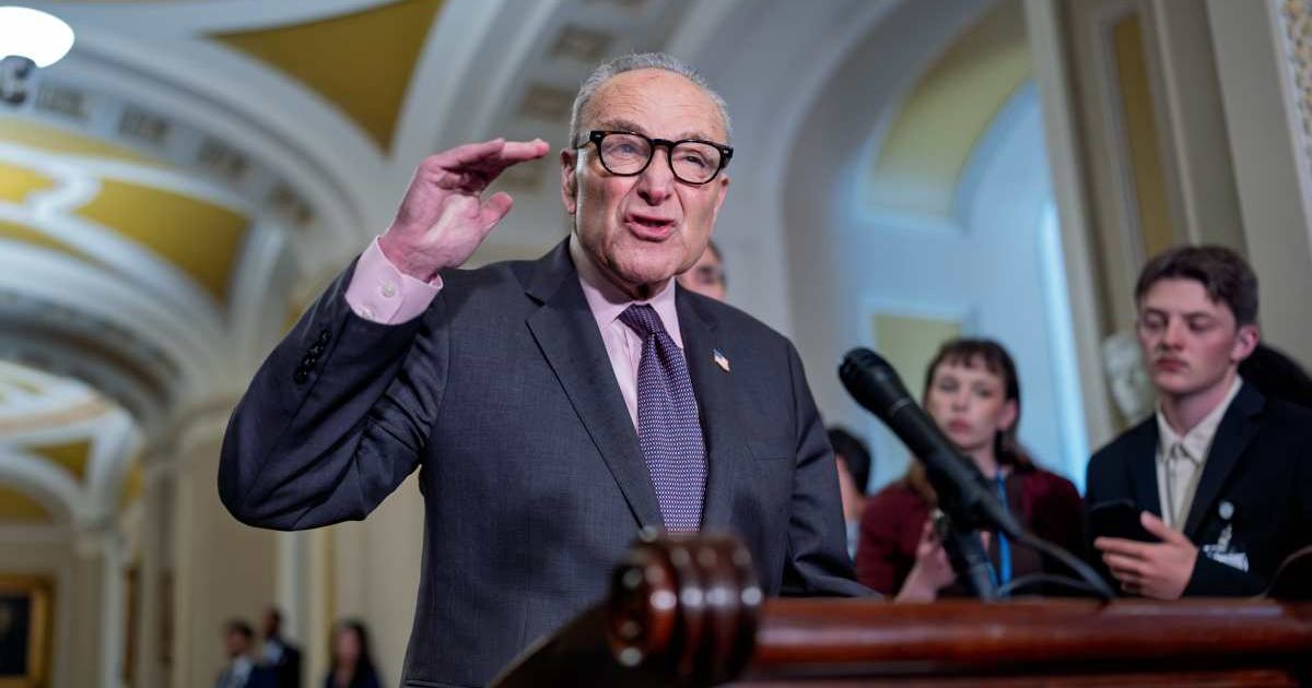 Senate Minority Leader Chuck Schumer talks to reporters about Democratic efforts to push back on President Donald Trump's policies in Washington (Image Source: AP | Photo by J. Scott Applewhite)