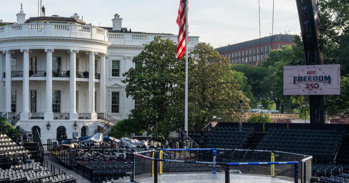 The arena for the UFC Freedom 250 fights on the South Lawn with the  White House in the background (Cover Image Source: Associated Press | Photo by Alex Brandon)