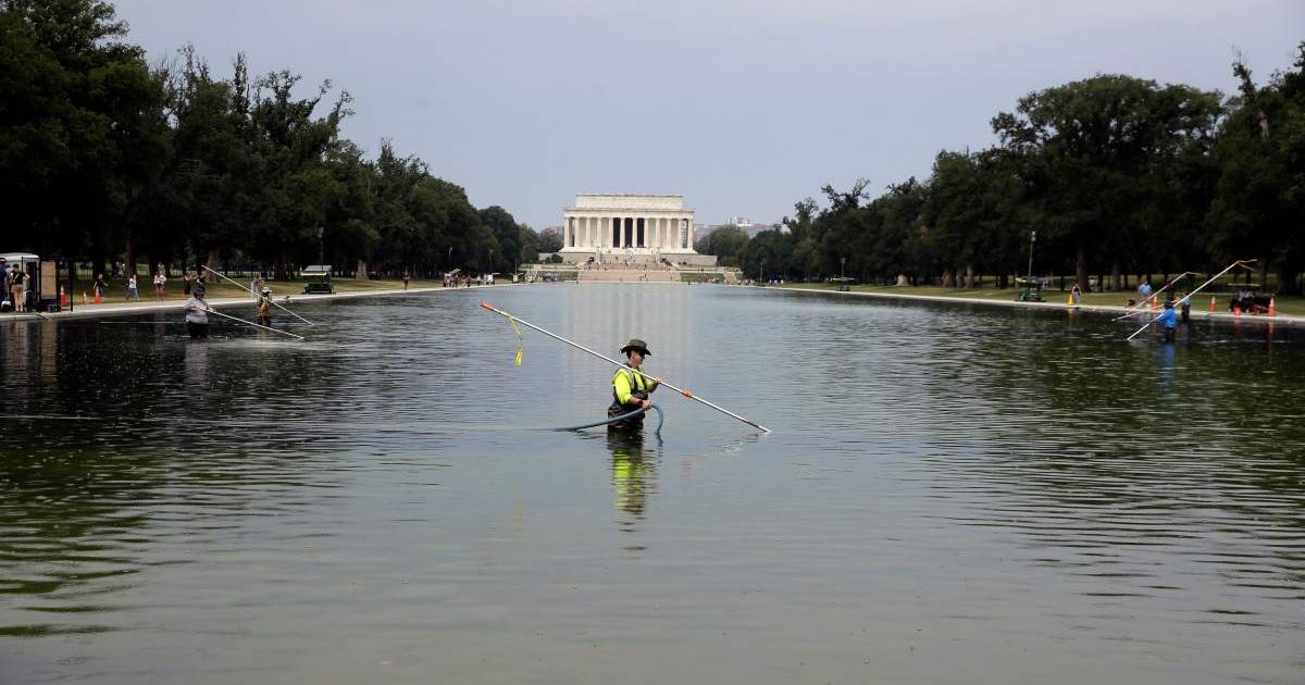 Members of the National Park Service clean algae from the Lincoln Memorial Reflecting Pool in Washington, on June 18, 2026 (Cover Image Source: AP | Photo by Rahmat Gul)