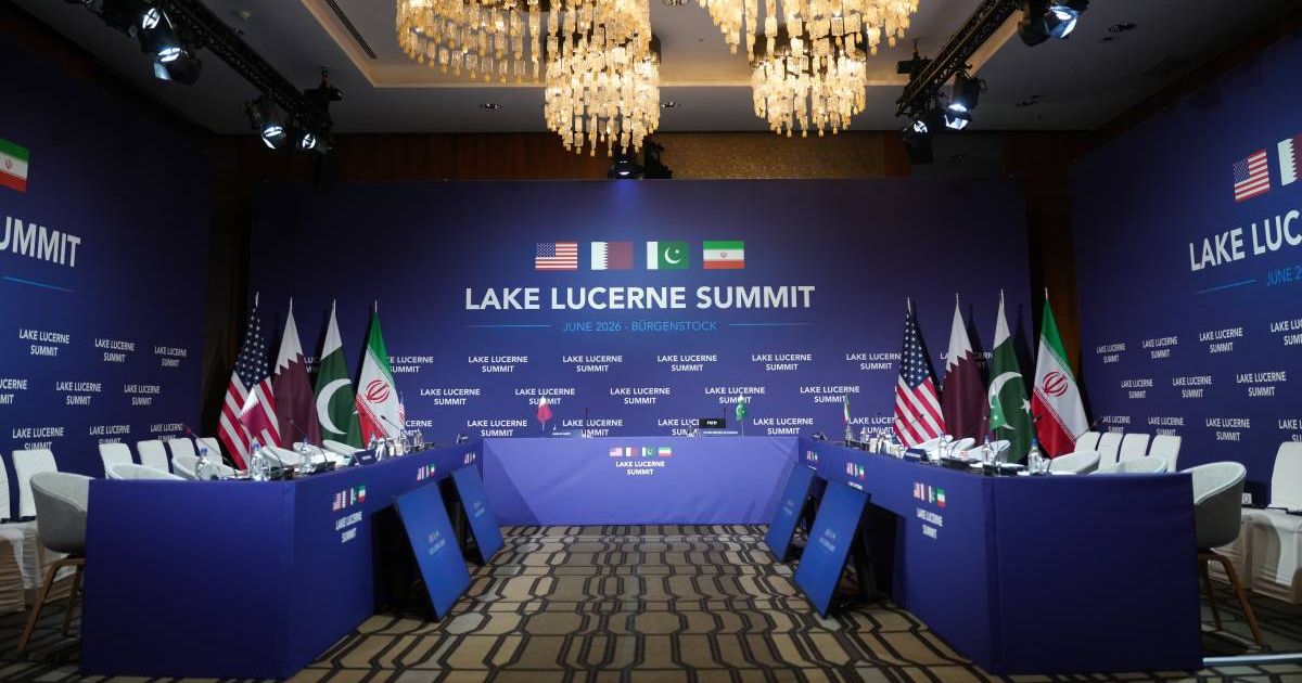 A general view of the meeting room ahead of a quadrilateral meeting between the U.S., Iran, Pakistan, and Qatar at the Lake Lucerne Summit, on June 21, 2026, near Stansstad, Switzerland (Cover Image Source: Getty Images | Photo by Nathan Howard)