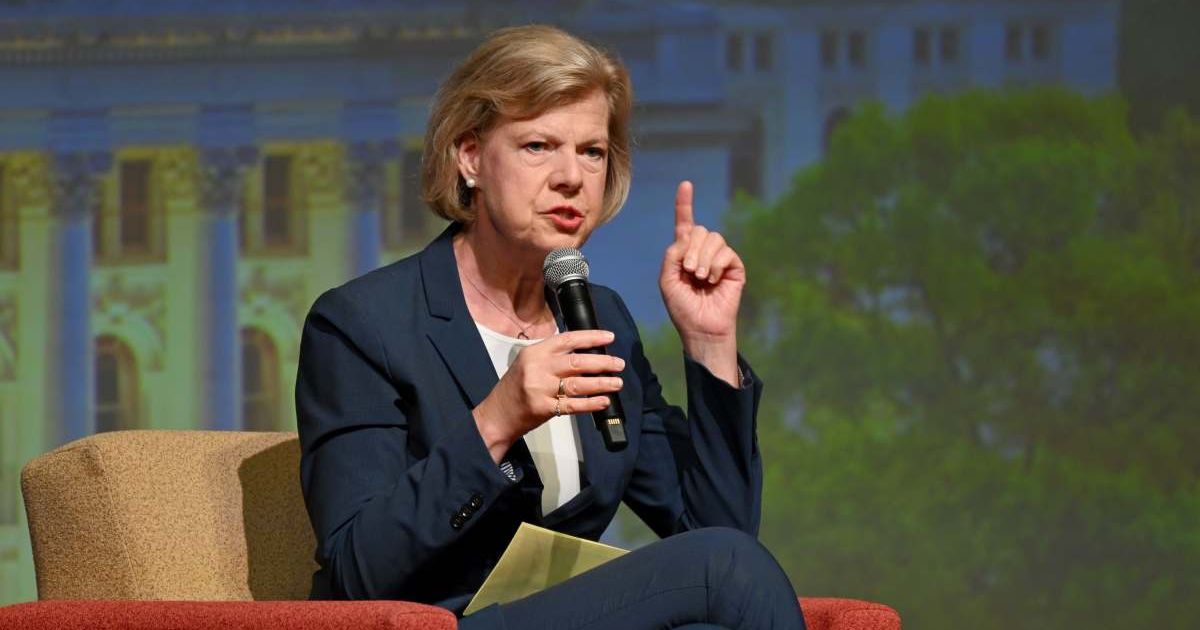Senator Tammy Baldwin speaks on stage during the Wisconsin Democrats 2026 Convention in Madison, Wisconsin (Cover Image Source: Getty Images | Photo by Daniel Boczarski)