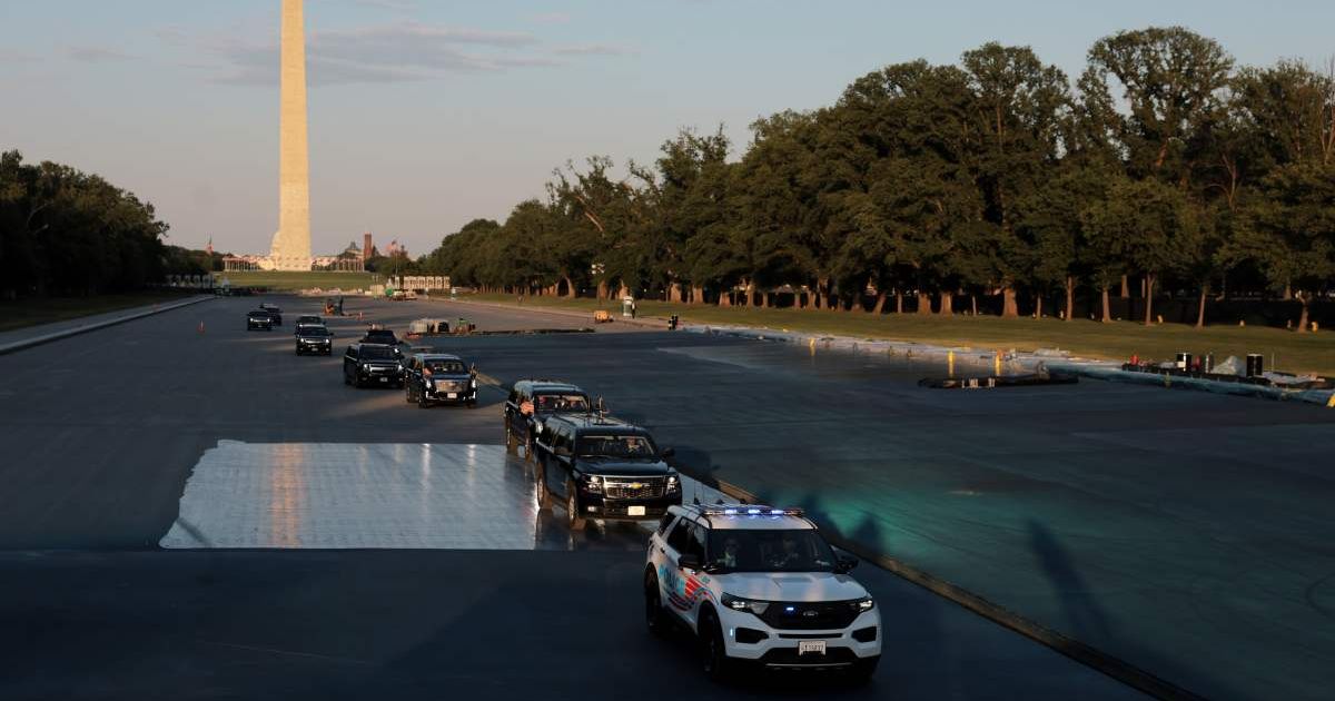 President Donald Trump's motorcade drives across the Lincoln Memorial Reflecting Pool basin as he inspects the ongoing painting on May 07, 2026, in Washington, DC (Cover Image Source: Getty Images | Photo by Anna Moneymaker)