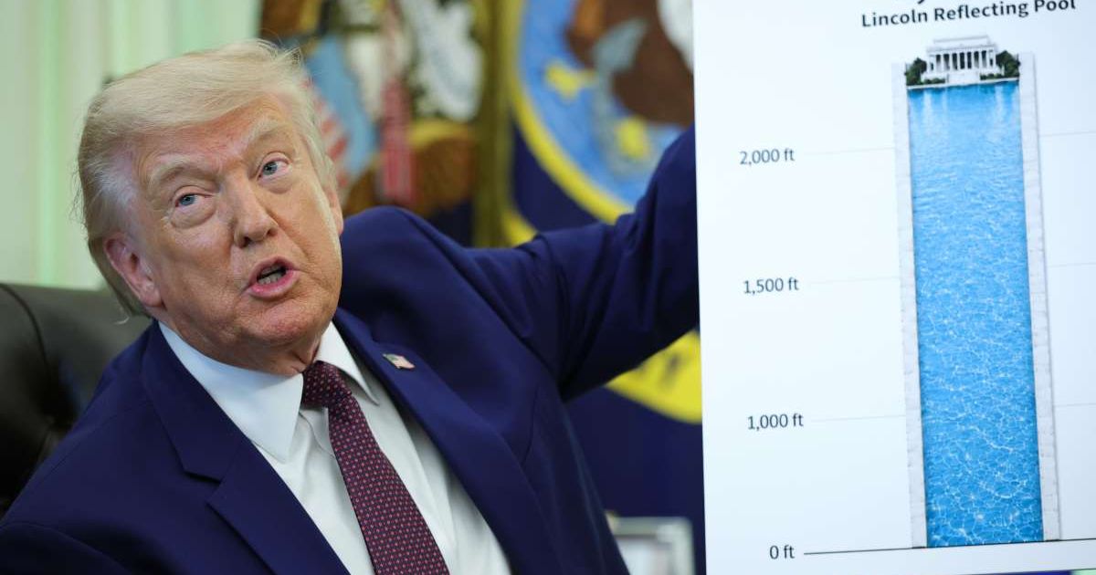 President Donald Trump displays a graph as he speaks on his renovations to the Lincoln Memorial Reflecting Pool in the Oval Office. (Cover Image Source: Getty Images | Photo by Kevin Dietsch)