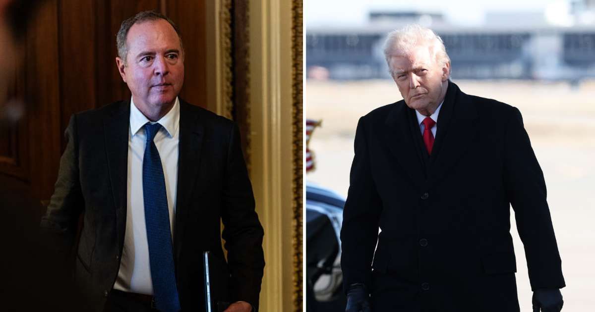 Sen. Adam Schiff (L) departs a Democratic luncheon; President Donald Trump (R) walks to the motorcade. (Cover Image Source: Getty Images | (L) Photo by Eric Lee; (R) Photo by Anna Moneymaker)