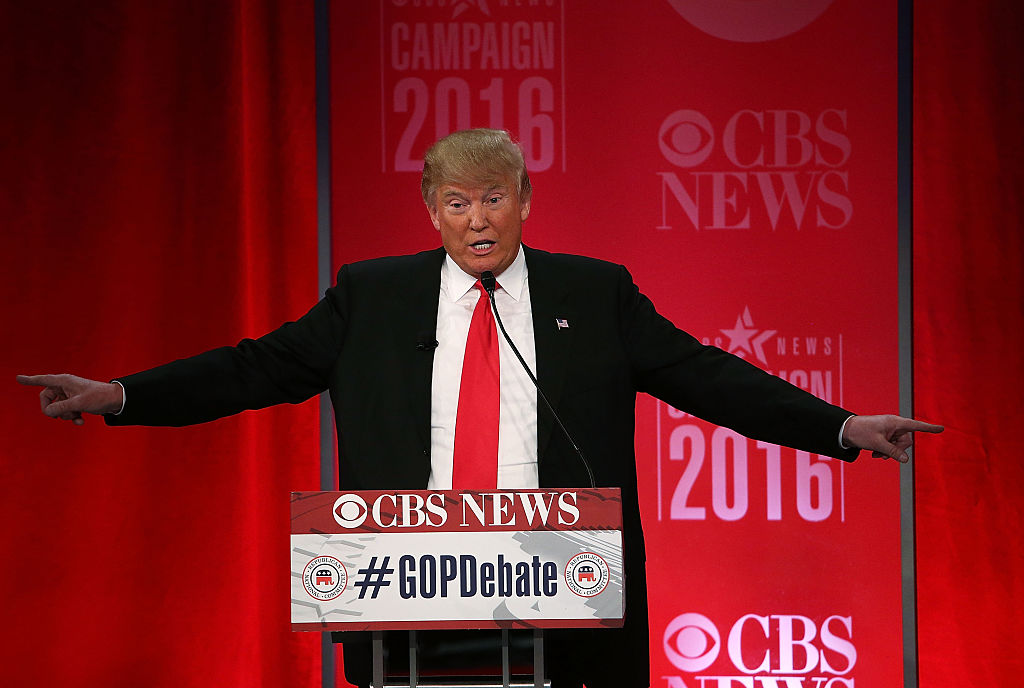 Republican presidential candidate Donald Trump participates in a CBS News GOP Debate February 13, 2016 at the Peace Center in Greenville, South Carolina. Residents of South Carolina will vote for the Republican candidate at the primary on February 20. (Photo by Spencer Platt/Getty Images)
