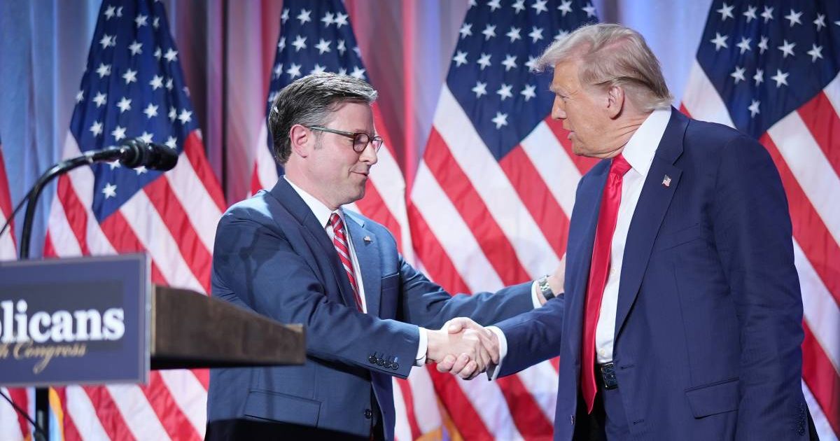 House Speaker Mike Johnson shakes hands with President Donald Trump onstage at a House Republicans Conference meeting on November 13, 2024 (Cover Image Source: Getty Images | Photo by Andrew Harnik)