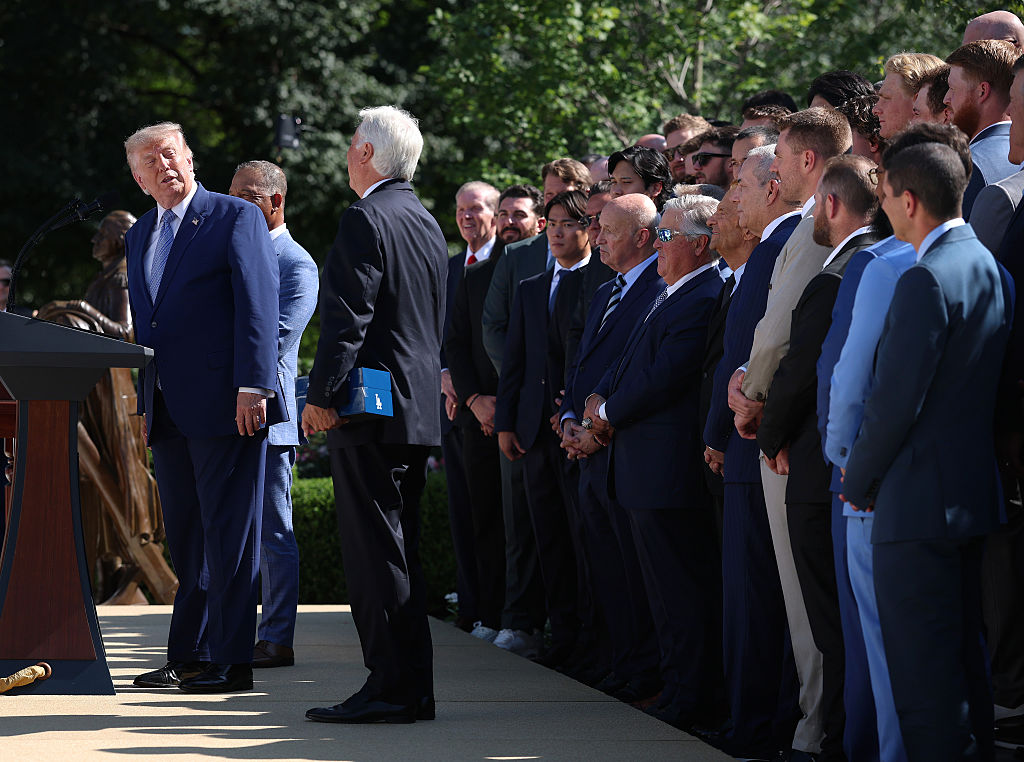 U.S. President Donald Trump delivers remarks as he hosts the 2025 MLB World Series champion Los Angeles Dodgers in the Rose Garden of the White House  (Image source: Getty Images/Photo by Kevin Dietsch)